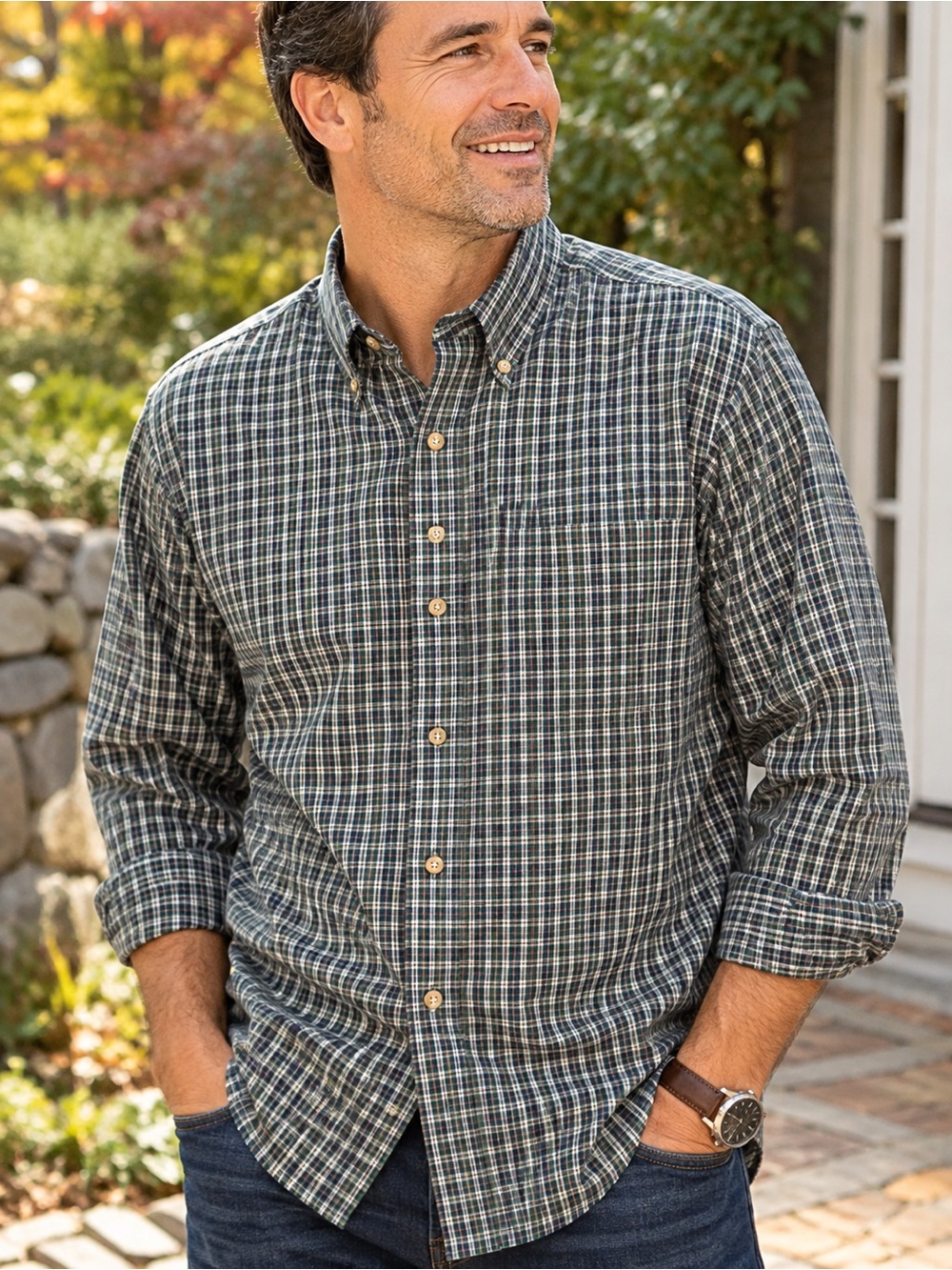 VAN HEUSEN Green Plaid Button Down Shirt Mens Size 16.5 34-35 Wrinkle Resistant